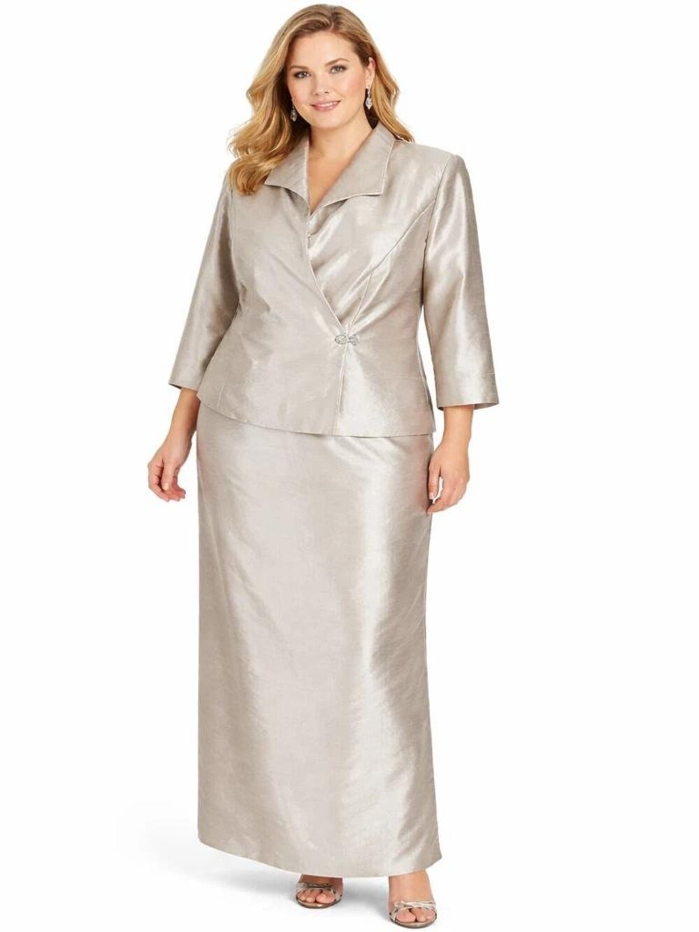Alex Evenings Maxi Satin Skirt Suit Size 18W Gold Rhinestone Closure 3/4 Sleeve